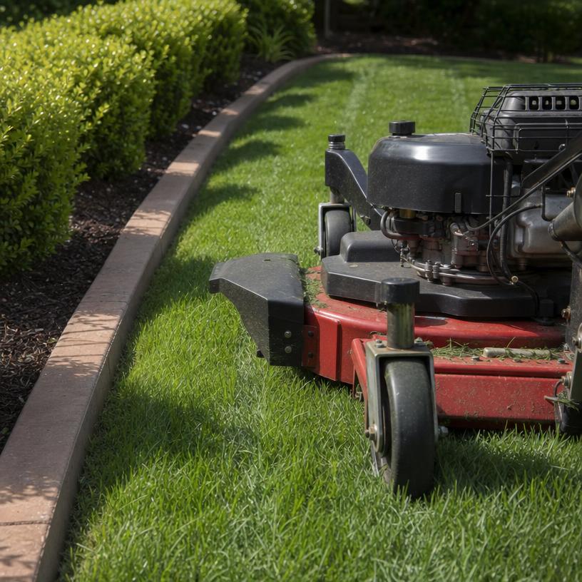Close-up of a professional lawn mower creating clean stripes along a brick edge