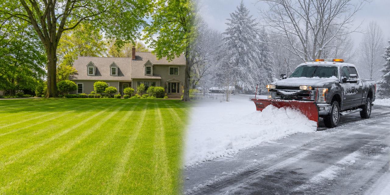 Split view of a manicured summer lawn and a cleanly plowed winter driveway