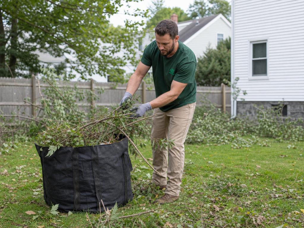 Worker picking up yard debris and branches into a large waste bag
